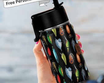 12 oz Kids Tumber with Straw Fishing Lure Hot Cold Travel Mug with Lid Custom Name Water Bottle for School Boys Leakproof Thermos for Camp