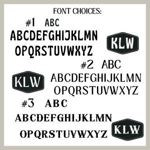 May include: Three font choices for a monogram design. Each choice features a different font style for the letters ABC, and the letters K, L, and W in a black and white oval shape. The text "FONT CHOICES" is at the top of the image.