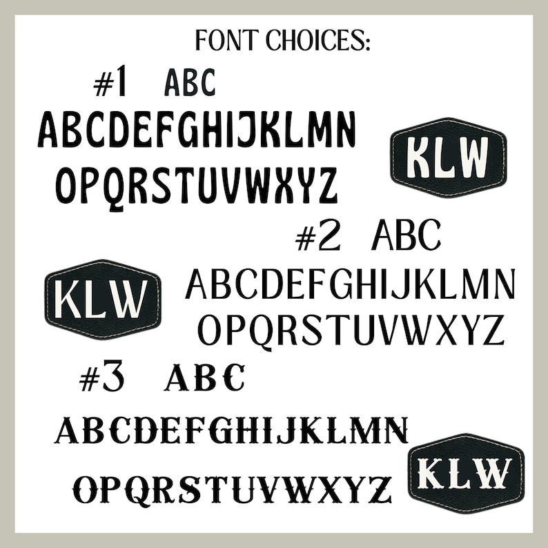 May include: Three font choices for a monogram design. Each choice features a different font style for the letters ABC, and the letters K, L, and W in a black and white oval shape. The text "FONT CHOICES" is at the top of the image.