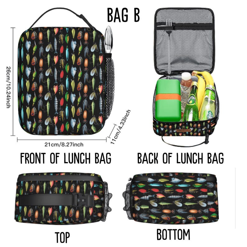 Puede incluir: Bolsa de almuerzo negra con un estampado de se&ntilde;uelos de pesca coloridos. La bolsa mide 26 cm de alto, 21 cm de ancho y 11 cm de profundidad. Tiene un asa y un bolsillo lateral para cubiertos. La parte trasera est&aacute; abierta.