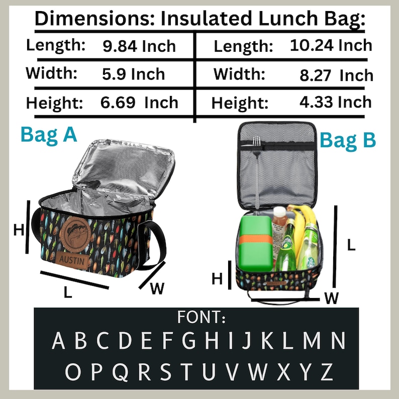 Puede incluir: Dos bolsas de almuerzo aisladas, etiquetadas como Bolsa A y Bolsa B. La Bolsa A est&aacute; abierta, mostrando un interior plateado, un asa negra y un colorido estampado de plumas. La Bolsa B est&aacute; cerrada, con un asa negra y un colorido estampado de plumas. Las dimensiones se enumeran en pulgadas.