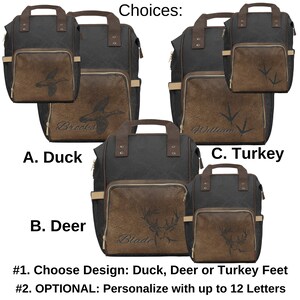 A set of three polyester backpacks in black and brown. Each backpack has a front pocket with a design of a duck, deer, or turkey feet. The text "Choices:" and "Duck", "Deer", and "Turkey" are visible. Optional to add a name.