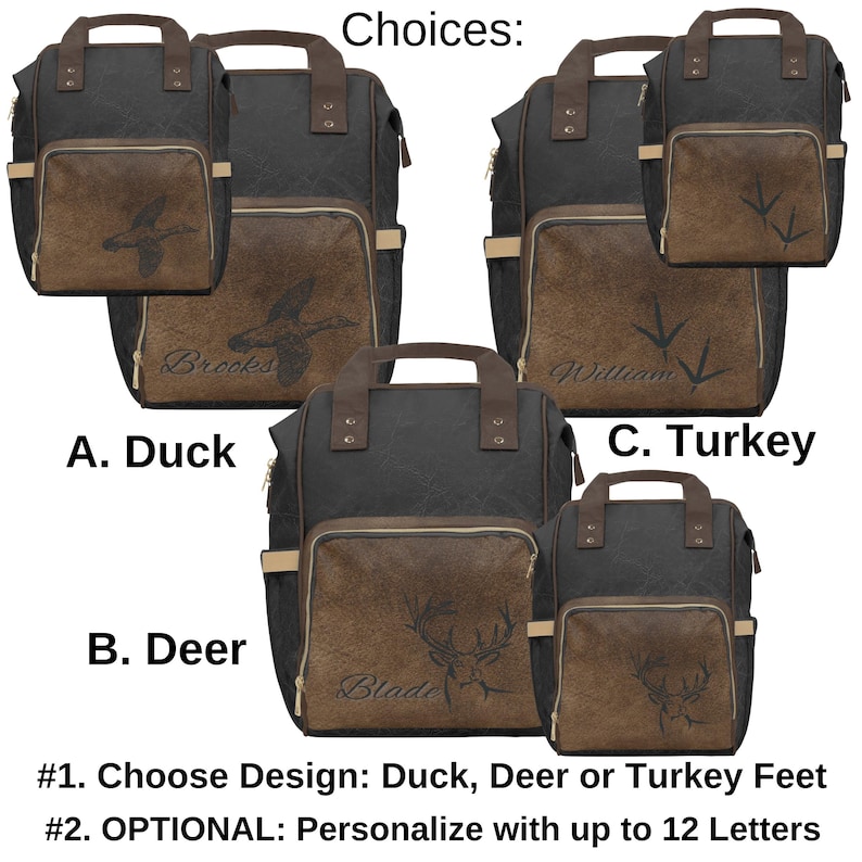 A set of three polyester backpacks in black and brown. Each backpack has a front pocket with a design of a duck, deer, or turkey feet. The text "Choices:" and "Duck", "Deer", and "Turkey" are visible. Optional to add a name.