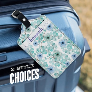 Étiquette à bagage personnalisée pour femme, étiquette de valise à fleurs bleues, étiquette d'identification en similicuir avec carte de visite, accessoire de voyage, fleur, idée cadeau pour elle