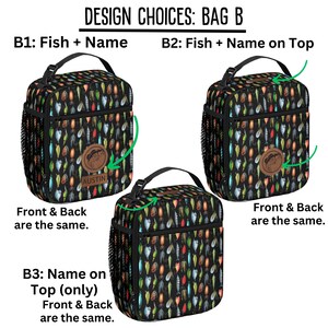 Puede incluir: Tres bolsas de almuerzo negras con un patr&oacute;n de se&ntilde;uelos de pesca. Cada bolsa tiene un asa negra, un bolsillo lateral y un parche de cuero. El texto en las bolsas dice "DESIGN CHOICES: BAG B", "B1: Fish + Name", "B2: Fish + Name on Top" y "B3: Name on Top (only)".