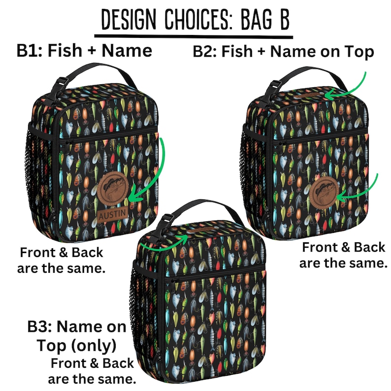Puede incluir: Tres bolsas de almuerzo negras con un patr&oacute;n de se&ntilde;uelos de pesca. Cada bolsa tiene un asa negra, un bolsillo lateral y un parche de cuero. El texto en las bolsas dice "DESIGN CHOICES: BAG B", "B1: Fish + Name", "B2: Fish + Name on Top" y "B3: Name on Top (only)".