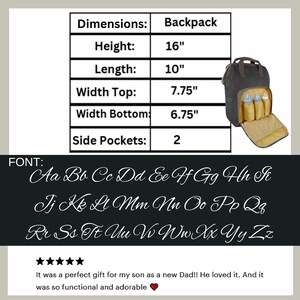 May include: Black backpack with brown accents, featuring multiple compartments and side pockets. Dimensions: 16 inches high, 10 inches long, 7.75 inches top width, and 6.75 inches bottom width. Includes the font style and customer review.