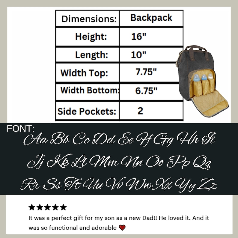 May include: Black backpack with brown accents, featuring multiple compartments and side pockets. Dimensions: 16 inches high, 10 inches long, 7.75 inches top width, and 6.75 inches bottom width. Includes the font style and customer review.