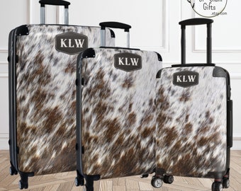 Monogram Cowhide Print Suitcase, Cow Print Luggage Set, Gift For Her, Western Style Carry On Travel Bag for Cowgirl, Bachelorette Gifts