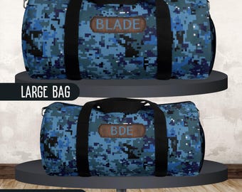 Blue Digital Camo Duffel Bag for Men Personalized Camouflage Gym Bag with Name Blue Camo Overnight Bag for Kids Customized Mens Travel Bag