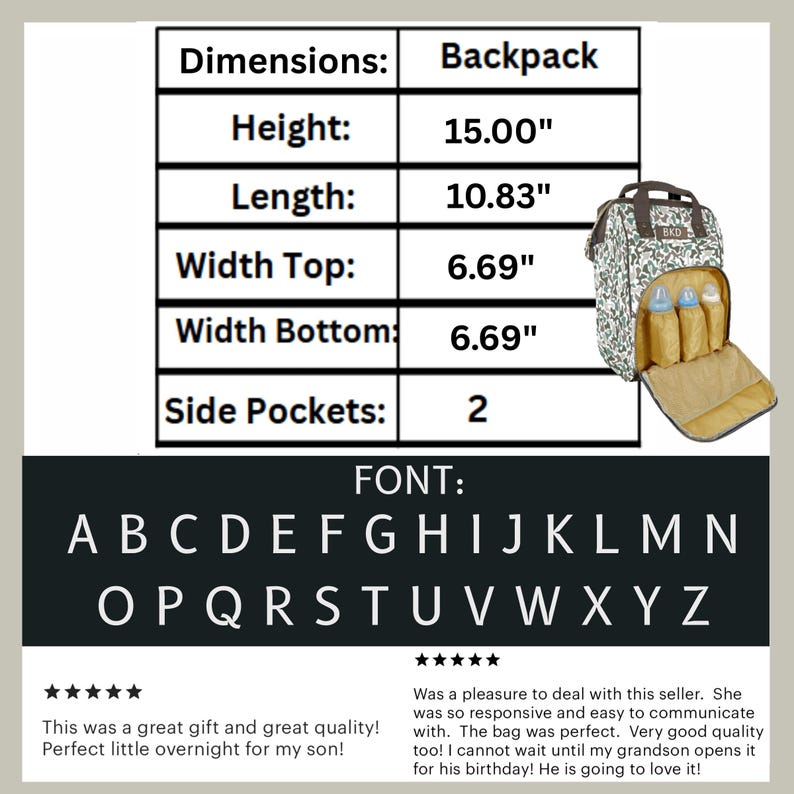 Our brown and Green camouflage diaper bag backpack with dimensions: 15''H x 10.83''L x 6.69''W. This mens diaper bag has two side pockets and includes bottle holders.  The font is shown in uppercase letters. Customer reviews are included.