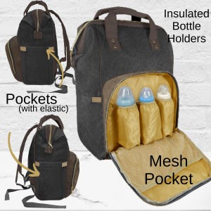 A black and brown diaper bag with the text "Insulated Bottle Holders" and "Mesh Pocket". The bag has multiple pockets and insulated bottle holders. The bag is designed to carry baby bottles and other baby essentials.