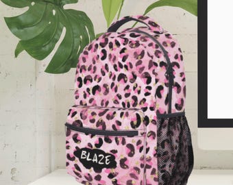 Personalized Rose Gold Leopard Backpack - Custom Name School Bookbag, 11.4x5.5x16 Inch, Laptop Travel Daypack