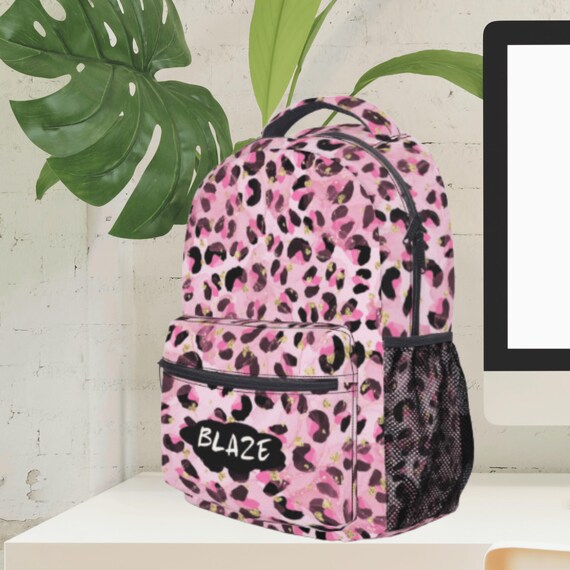 Pink Leopard Print Backpack With Name Personalized School  display picture 2