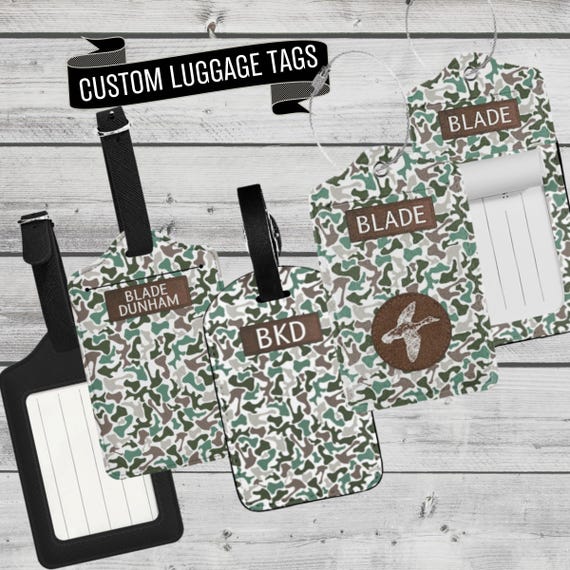 Personalized Mens Luggage Tags Camouflage Suitcase Tag Faux Leather ID Tag Gift Idea for Deer Duck Hunter Groomsmen Custom Travel Bag ID
