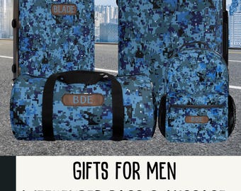 Blue Camo Luggage Set for Men Digital Camouflage Suitcase