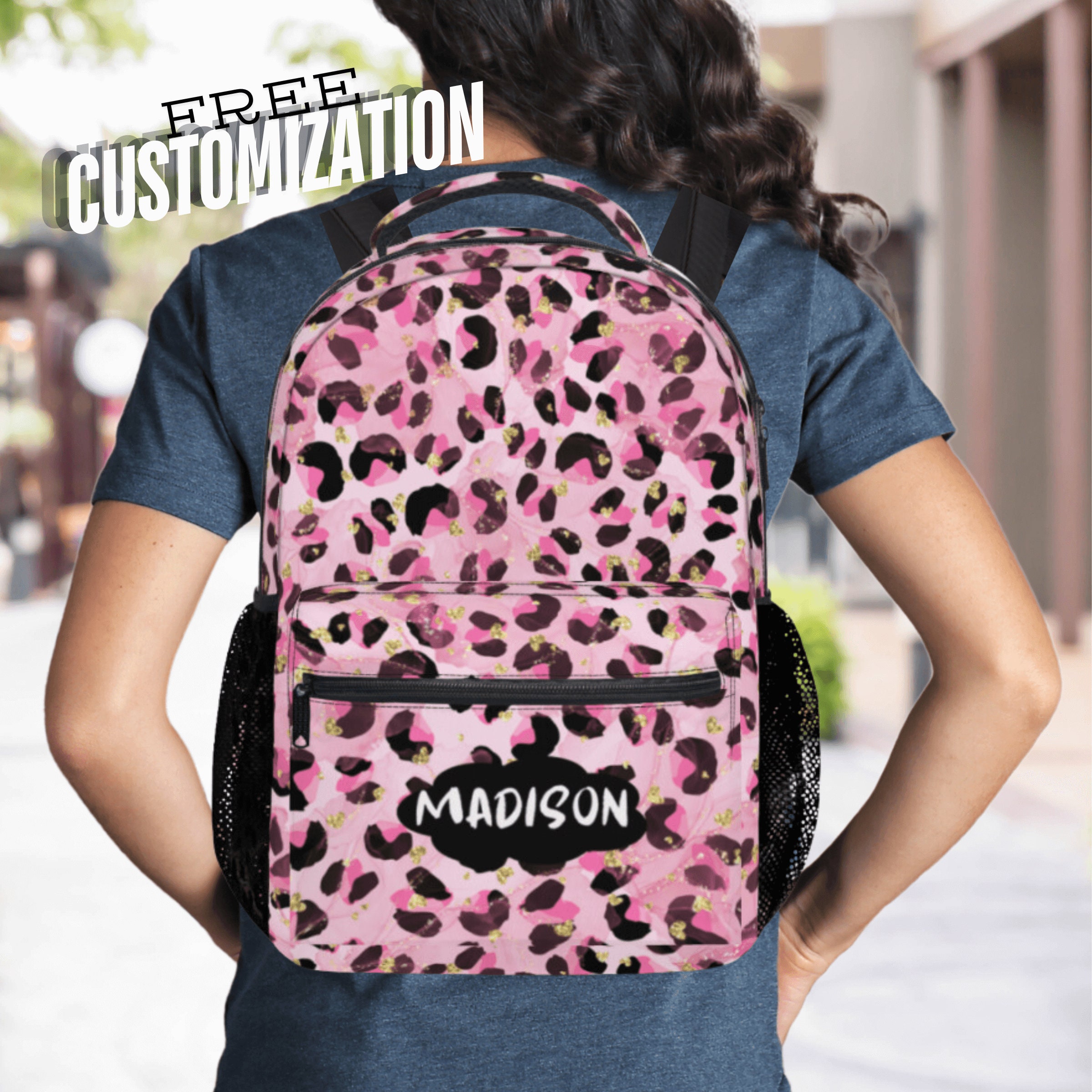Pink Leopard Print Backpack With Name Personalized School  display picture 2