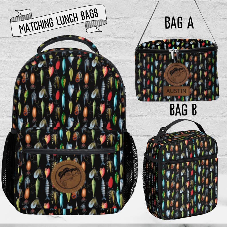 Fishing Lure Lunch Box for Boys Reusable School Lunch Bag for Kids Personalized Large Insulated Cooler Tote Bag Matching Backpack & Food Bag