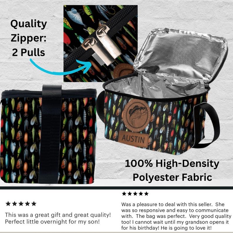 Puede incluir: Bolsa de almuerzo aislante negra con un colorido patr&oacute;n de se&ntilde;uelos de pesca. Cuenta con un asa negra, cremallera y un parche de cuero marr&oacute;n con el nombre "Austin". La bolsa est&aacute; hecha de tela 100% poli&eacute;ster de alta densidad.
