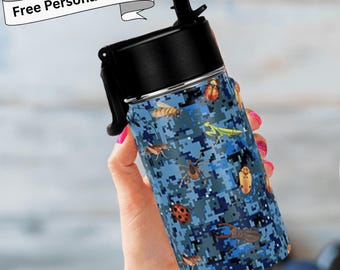 Bug Camo Stainless Steel Tumbler; 12 oz Leakproof Travel Thermos with Straw Handle; Personalized Name Drink Holder Gift for Kids School Camp