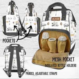 May include: A white and gray diaper bag with a Winnie the Pooh print. The bag has a large zippered compartment, adjustable straps, and insulated bottle holders. The bag also has a mesh pocket and multiple pockets on the sides. The bag has a black label with the word "BLADE" on it.