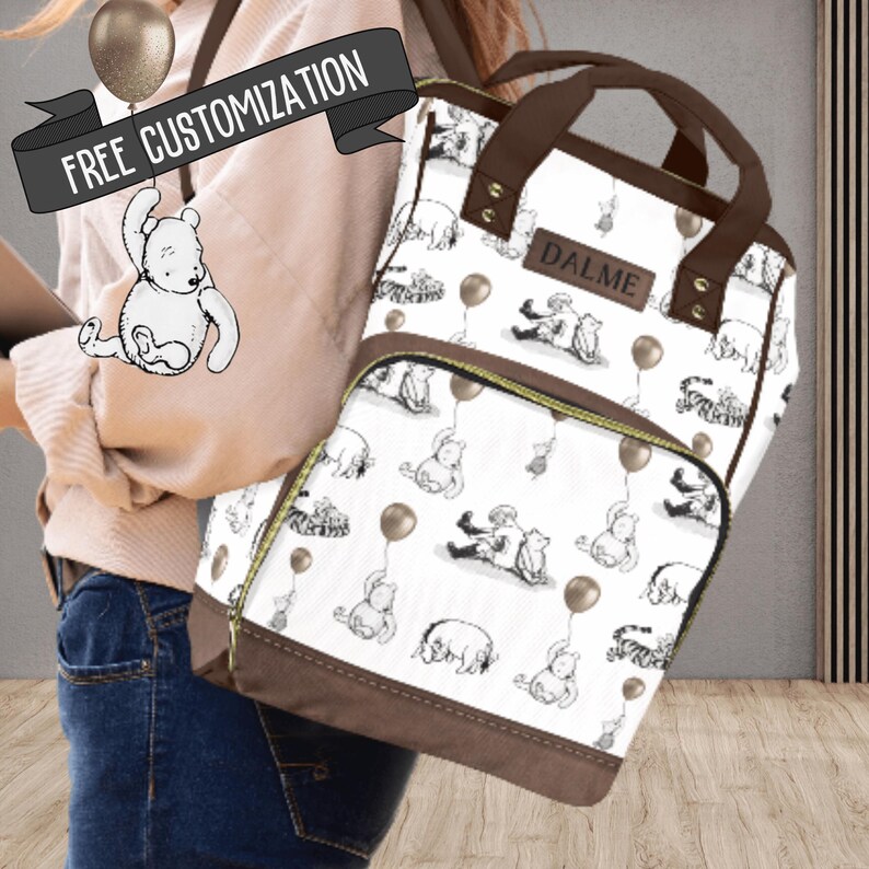 Diaper Bag Backpack Winnie the Pooh Baby Bag with Personalized Name Gift for Baby Girl Boy Pooh Bear Balloons Baby Shower Gift Idea