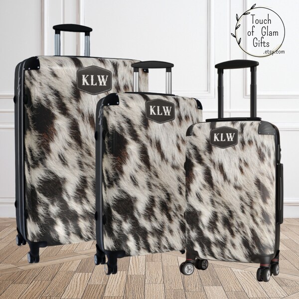 Western Style Suitcase, Cowhide Print Luggage Set, Monogram Suitcase, Western Travel Bag for Cowgirl, Gift for Graduate, Weekend Bag for Her