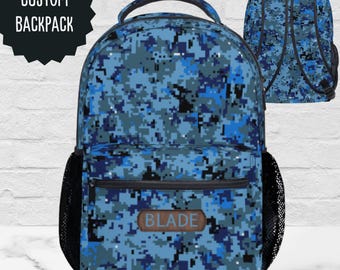 Blue Camouflage Backpack for Men Laptop Bag for School Camo School Bag for Kids Travel Carry All Bag Personalized Gift for Son Grandson