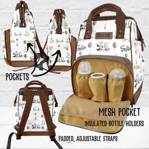 Our winnie the pooh and friends diaper bag is shown with the brown handles and straps. The backside has padded brown shoulder straps, the sides have pockets on both sides. The front view is shows with the outer pocket open to view the 3 insulated bottle holders and mesh pocket.