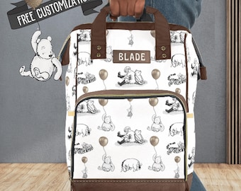 Custom Diaper Bag Backpack Winnie the Pooh Baby Bag with Personalized Name Gift for Baby Girl Boy Pooh Bear Balloons Baby Shower Gift Idea