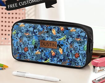 Bug Pencil Case with Name Personalized Blue Camo Snack Bag for Boys Small Zippered Pouch for Inside Backpack Pen Holder for School Bag