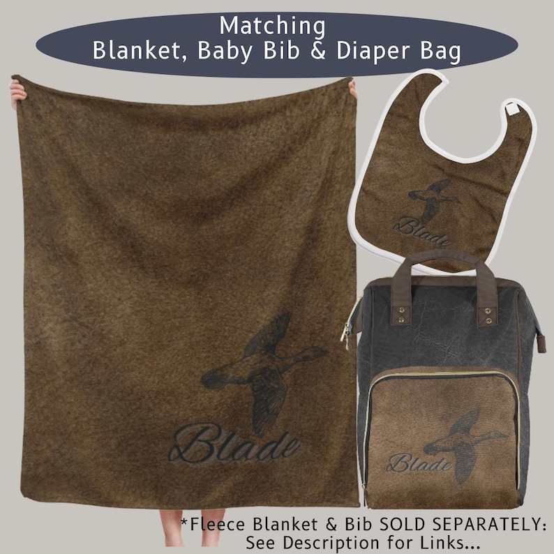 Matching fleece blanket, baby bib and diaper bag for boys and men.