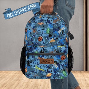 Backpack for Boys Bugs & Blue Camo School Bag Personalized with Name Travel Bag for Kids Backpack with Matching Lunch Bag