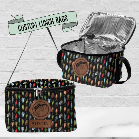 Fishing Lure Lunch Box for Boys Reusable School Lunch Bag for Kids Personalized Large Insulated Cooler Tote Bag Matching Backpack & Food Bag