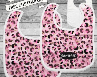Pink Leopard Print Baby Bib Personalized Shower Gift for Baby Girl Adjustable Neck Burping Cloth Drooling Towel for Pink Animal Print Lover
