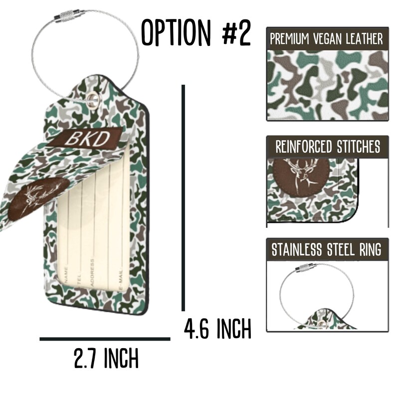 Personalized Mens Luggage Tags Camouflage Suitcase Tag Faux Leather ID Tag Gift Idea for Deer Duck Hunter Groomsmen Custom Travel Bag ID image 7