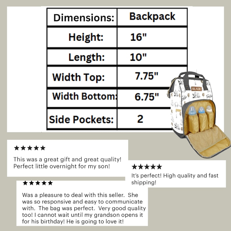 May include: A Winnie the pooh, white and black patterned diaper bag with a gray zipper and a gold interior. The bag has a large main compartment and two side pockets. The bag is 16 inches tall, 10 inches long, 7.75 inches wide at the top, and 6.75 inches wide at the bottom.  There are 3- 5 star reviews stating how the bag is for their son who's a new father; how the bag is high quality; and how the seller is good communication and service.