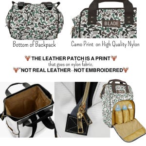 A camo print diaper bag backpack with brown handles and accents.  The bag features a spacious main compartment, a zipper closure, and multiple pockets.  The interior is lined with a light beige fabric.  The entire bag is made of high-quality nylon.  The bag also includes a dedicated insulated bottle holder. The brand name 'BKD' is visible on the bag.  The bottom of the backpack is shown separately. The zipper pull is gold-toned.  The patch is a print- not leather and not embroidered.