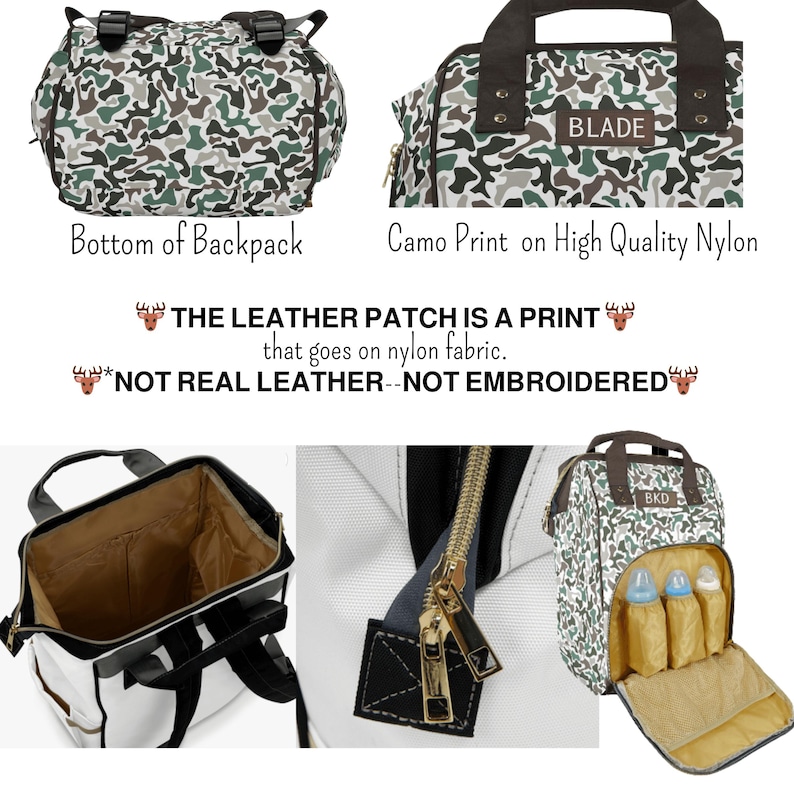 A camo print diaper bag backpack with brown handles and accents.  The bag features a spacious main compartment, a zipper closure, and multiple pockets.  The interior is lined with a light beige fabric.  The entire bag is made of high-quality nylon.  The bag also includes a dedicated insulated bottle holder. The brand name 'BKD' is visible on the bag.  The bottom of the backpack is shown separately. The zipper pull is gold-toned.  The patch is a print- not leather and not embroidered.