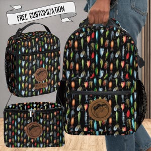 Fishing Lure Lunch Box for Boys Reusable School Lunch Bag for Kids Personalized Large Insulated Cooler Tote Bag Matching Backpack & Food Bag show with matching backpack also available separately.