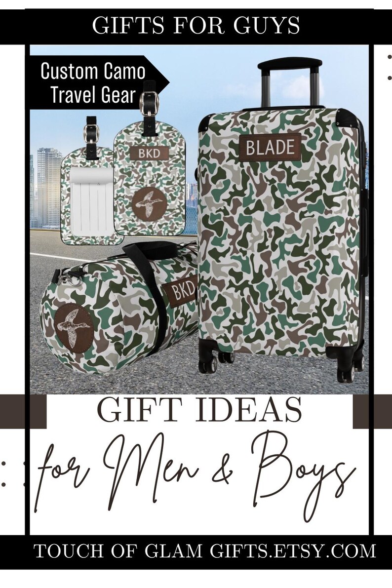 Personalized Mens Luggage Tags Camouflage Suitcase Tag Faux Leather ID Tag Gift Idea for Deer Duck Hunter Groomsmen Custom Travel Bag ID