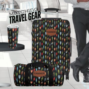 fishing lure travel suitcase, duffel bag and travel cup to match our fishing lure backpack and lunch bags.