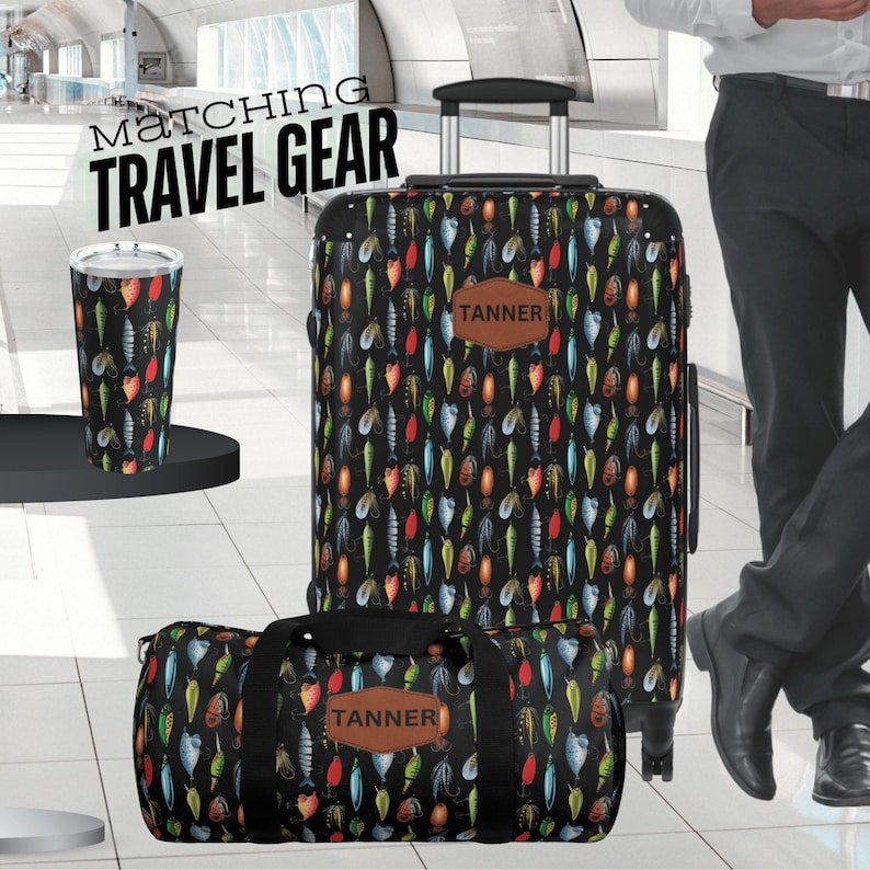 fishing lure travel suitcase, duffel bag and travel cup to match our fishing lure backpack and lunch bags.