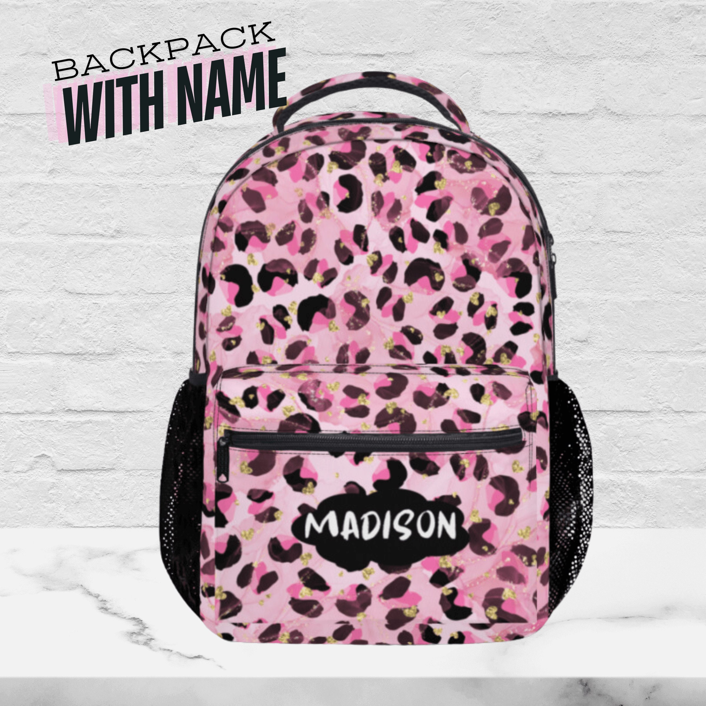 Pink Leopard Print Backpack With Name Personalized School  display picture 1