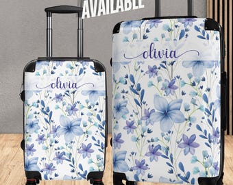 Juego de equipaje floral para mujer, maleta giratoria azul y blanca, bolso de viaje con flores, ideal como regalo para viajeros, cumpleaños, graduación y jubilación.