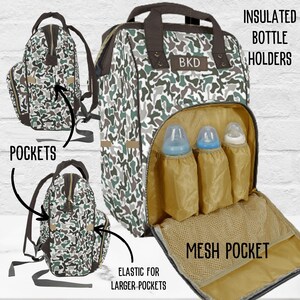 Camouflage-patterned diaper bag with insulated bottle holders and mesh pocket.  Features include multiple pockets, zipper closures, and a top handle. The bag is shown in different views highlighting its pockets and bottle holders.  The sides of the diaper bag backpack have spacious pockets.