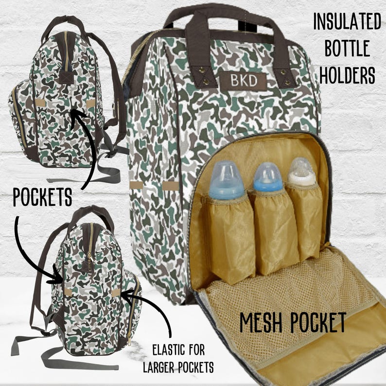 Camouflage-patterned diaper bag with insulated bottle holders and mesh pocket.  Features include multiple pockets, zipper closures, and a top handle. The bag is shown in different views highlighting its pockets and bottle holders.  The sides of the diaper bag backpack have spacious pockets.