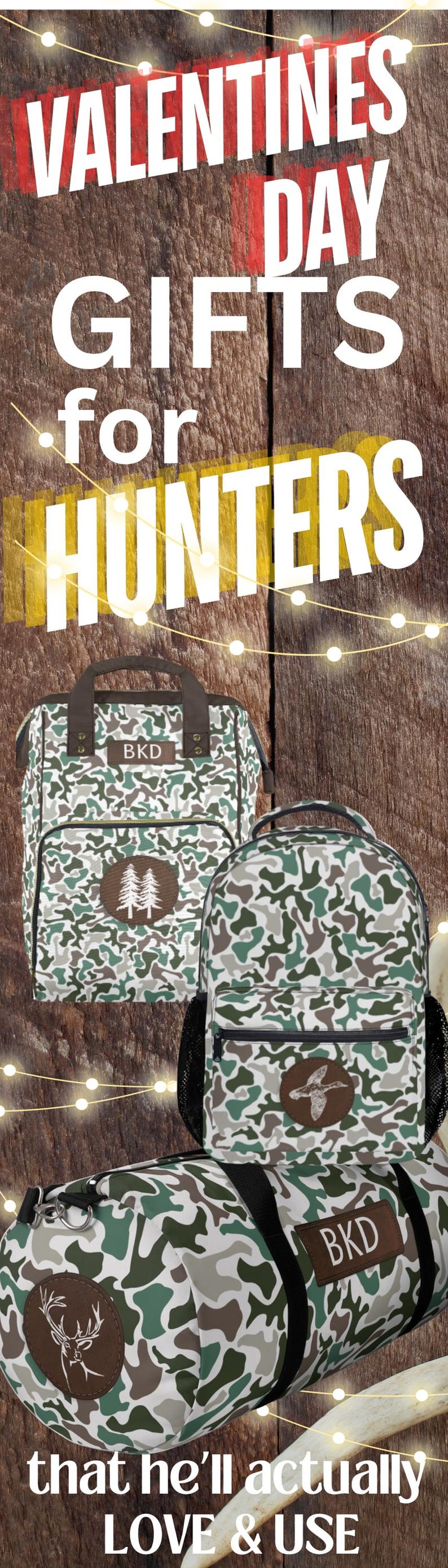 May include: Three camouflage-patterned bags with brown leather accents. The bags feature different embroidered designs, including a pair of trees, a duck, and a deer. The bags are labeled with the initials "BKD".  Valentine's Day gifts for hunters.