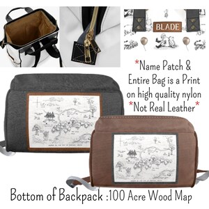 May include: A gray and brown backpack with a print of a map on the bottom. The map is labeled '100 Acre Wood Map'. The backpack has a black zipper and a black leather strap. The text 'BLADE' is printed on a white patch on the front of the backpack. The text 'Name Patch & Entire Bag is a Print on high quality nylon *Not Real Leather*' is printed below the patch.