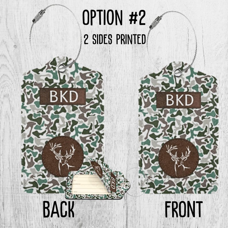 Camouflage Suitcase Tag Faux Leather ID Tag Gift Idea for Deer Duck Hunter Groomsmen Custom Travel Bag ID